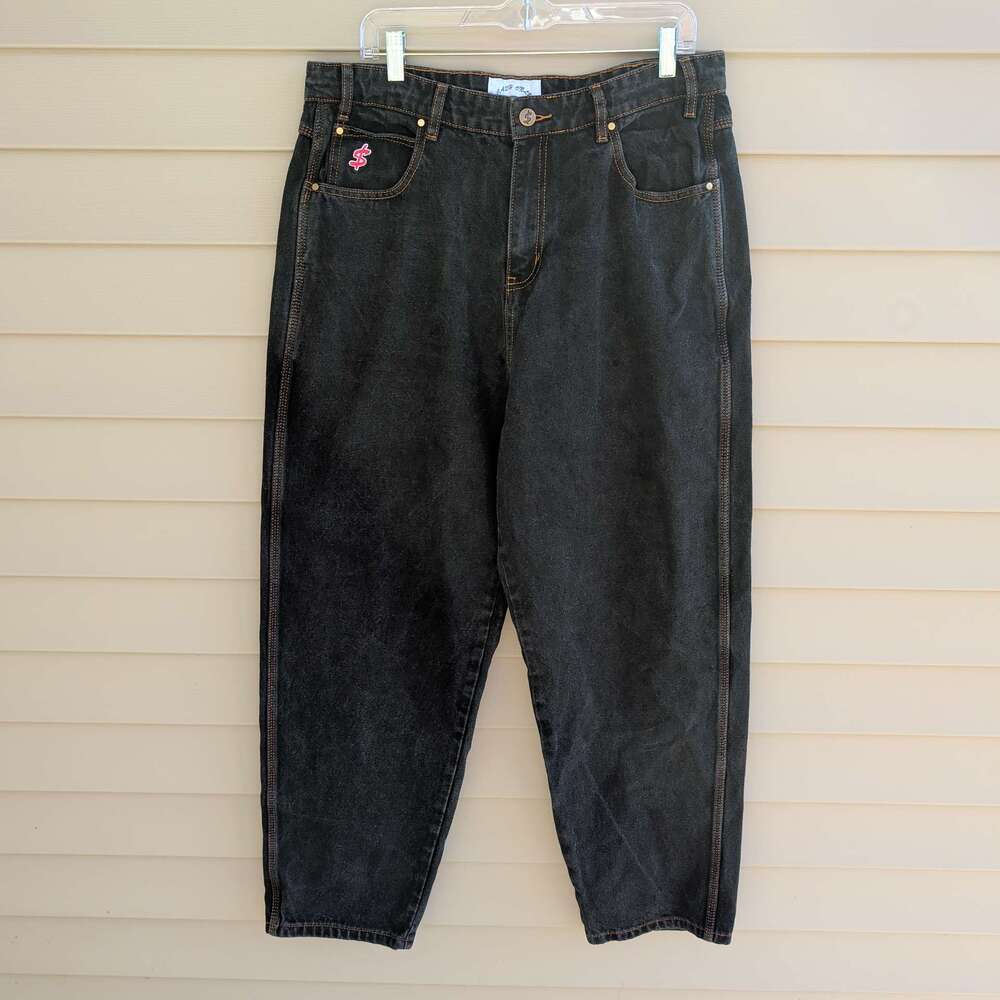Cash Only Denim Co Jeans Mens 34 Black Skyline Embroidered Baggy Wide Leg